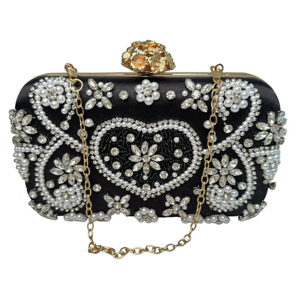 Black Satin Multi Rhinestone and Pearl Accent Clutch Purse Evening Bag - Picture 1 of 9